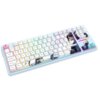 Na zdjęciu znajduje się klawiatura z kolorowym podświetleniem RGB i nadrukiem postaci na niektórych klawiszach. Klawisze mają standardowy układ QWERTY z dodatkowymi klawiszami funkcyjnymi oznaczonymi od F1 do F12.