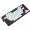 Na zdjęciu znajduje się klawiatura mechaniczna z podświetleniem RGB, posiadająca białe i czarne klawisze oraz pokrętło w prawym górnym rogu. Na obudowie widoczny jest napis "REDRAGON".