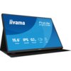 Monitor z niebieskim ekranem wyświetlającym tekst: "iiyama ProLite P1671HSC", "15.6” 39.5cm", "IPS 1920x1080", "0.7 kg PORTABLE", "USB-C", "MINI HDMI". Produkt jest ustawiony na czarnej podstawce.