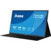 Monitor z logo "iiyama" i napisem "ProLite P1671HSC" na ekranie, wyświetlający informacje: "15.6” 39.6cm, IPS, 1920x1080, 0.7 kg, PORTABLE, USB-C, MINI HDMI". Monitor jest umieszczony na czarnej podstawce.