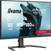 Monitor z logo "iiyama" na ekranie, z grafiką przedstawiającą futurystyczną postać oraz tekstem: "G-Master GB3271QSU", "32” 80cm", "IPS", "2560x1440", "180Hz", "1ms", "Red Eagle™".