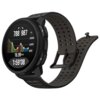 Czarny smartwatch z okrągłym wyświetlaczem pokazuje dane: 788, 987, 16.99 km, 1:59'08 oraz wykres z kolorowymi liniami. Pasek zegarka jest perforowany, a na ekranie widoczne są także strzałki i liczby w zakresie 800-2000.