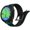 Smartwatch z zielonym paskiem i czarną kopertą wyświetla kolorową mapę z trasą oraz odległością 12,3 km. Na ekranie widoczne są także oznaczenia kierunków i odległość 100 m.