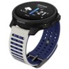 Szaro-niebieski smartwatch z okrągłym wyświetlaczem pokazuje prognozę pogody z temperaturą -21°C, wiatrem 8 m/s i śniegiem. Na obudowie widoczne jest logo "SUUNTO".