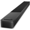 Czarny soundbar o nowoczesnym designie z gładką, błyszczącą powierzchnią na górze i perforowanymi bokami. Na górnej części widoczne są subtelne oznaczenia dotykowe.