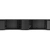 Przedstawione zdjęcie ukazuje tylną część czarnego soundbara z widocznymi portami i złączami, w tym portem Ethernet, złączem HDMI oraz dodatkowymi wejściami audio. Na obudowie nie ma widocznych napisów ani logo.