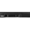Czarny soundbar z widocznymi portami z tyłu, w tym złączami oznaczonymi jako "POWER", "BASS", "OPTICAL IN", "SERVICE" oraz "HDMI (eARC)". Po lewej stronie znajduje się etykieta z drobnym tekstem, a po prawej kratka wentylacyjna.