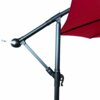 Czerwony parasol ogrodowy z metalowym stelażem, widoczny mechanizm regulacji i uchwyt. Produkt opisany jako "Parasol ogrodowy ASTER ochrona UV w kolorze czerwonym waga 12,1 kg wymiary 300x300x245 cm".