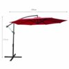 Czerwony parasol ogrodowy z ochroną UV, o wymiarach 300x300x245 cm i wadze 12,1 kg, jest przedstawiony na metalowej podstawie z ramieniem. Na zdjęciu widoczne są wymiary: 300 cm szerokości i 245 cm wysokości.