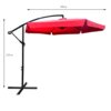 Czerwony parasol ogrodowy i tarasowy o wymiarach 300x300x245 cm, z czarną metalową konstrukcją i podstawą w kształcie krzyża. Na zdjęciu widoczne są strzałki z wymiarami: 300 cm i 245 cm.