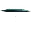 Ciemnozielony podwójny parasol ogrodowy z centralnym stelażem, o wymiarach 460x270x245 cm i wadze 12,3 kg, rozłożony na białym tle. Produkt nie posiada widocznych napisów ani logo.