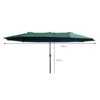 Podwójny parasol ogrodowy w kolorze ciemnozielonym z widocznymi wymiarami: 270 cm wysokości i 245 cm szerokości. Parasol ma prostą konstrukcję z centralnym słupkiem i rozłożonym materiałem.