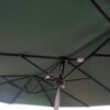 Ciemnozielony podwójny parasol ogrodowy z metalową konstrukcją i centralnym słupkiem, widoczny od spodu. Na zdjęciu nie ma żadnych napisów ani logo.
