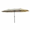 Beżowy podwójny parasol ogrodowy z czarną metalową konstrukcją, o wymiarach 460x270x245 cm i wadze 12,3 kg. Parasol posiada centralny słupek i rozkładane ramiona podtrzymujące materiał.