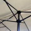 Czarny stelaż podwójnego parasola ogrodowego z beżowym materiałem, widoczny od spodu, z metalowymi elementami łączącymi i białym sznurkiem. Brak widocznych napisów lub logo.