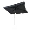 Ciemnoszary parasol ogrodowy z prostokątnym daszkiem i metalowym stelażem. Produkt opisany jako "Parasol ogrodowy FLOKS z ochroną UV ciemnoszary waga 2,8 kg wymiary 200x123x235 cm".