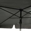Ciemnoszary parasol ogrodowy z metalową konstrukcją i centralnym masztem, widoczny od spodu. Materiał parasola jest napięty na stelażu, a na maszcie znajduje się mechanizm do regulacji.