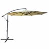 Beżowy parasol ogrodowy z ochroną UV, o wymiarach 300x300x45 cm i wadze 12,1 kg, zamocowany na czarnym, metalowym stelażu z podstawą w kształcie krzyża. Konstrukcja parasola jest łukowata, z widocznymi czarnymi wspornikami podtrzymującymi materiał.
