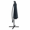 Ciemnoszary parasol ogrodowy z oświetleniem LED, złożony, stoi na metalowej podstawie w kształcie krzyża. Produkt ma wymiary 300x300x245 cm i waży 12,7 kg.