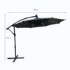 Ciemnoszary parasol ogrodowy z oświetleniem LED, o wymiarach 300x300x245 cm, z metalową podstawą w kształcie krzyża. Na zdjęciu widoczne są wymiary parasola: 300 cm szerokości i 245 cm wysokości.