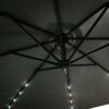 Ciemnoszary parasol ogrodowy z oświetleniem LED, widoczny od spodu, z metalową konstrukcją wspierającą materiał. Światła LED są równomiernie rozmieszczone wzdłuż żeber parasola.