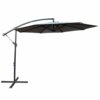 Na zdjęciu znajduje się jasnoszary parasol ogrodowy z ochroną UV, zamontowany na metalowym stelażu z podstawą w kształcie krzyża. Parasol ma wymiary 300x300x45 cm i waży 12,1 kg.