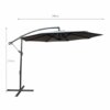 Na zdjęciu znajduje się jasnoszary parasol ogrodowy z ochroną UV, o wymiarach 300x300x45 cm i wadze 12,1 kg, z metalowym stelażem i podstawą w kształcie krzyża. Widoczne są oznaczenia wymiarów: 300 cm szerokości i 245 cm wysokości.