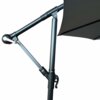 Fragment ciemnoszarego parasola ogrodowego z metalowym stelażem i mechanizmem regulacji. Widoczna jest rączka do regulacji oraz elementy konstrukcyjne parasola.
