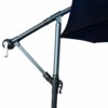 Część konstrukcji parasola ogrodowego w kolorze ciemnoniebieskim z widocznym mechanizmem korbowym i metalowymi elementami stelaża. Produkt opisany jako "Parasol ogrodowy ASTER ochrona UV w kolorze ciemnoniebieskim waga 12,1 kg wymiary 300x300x245 cm".