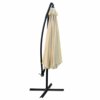 Beżowy parasol ogrodowy i tarasowy o wymiarach 300x300x245 cm, złożony, zamocowany na czarnym, metalowym stelażu z krzyżową podstawą. Produkt jest opisany jako wodoodporny i waży 11,7 kg.