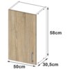 Biała szafka kuchenna z jednymi drzwiami w kolorze Dąb Sonoma mat, posiadająca dwa półki, o wymiarach 50 cm szerokości, 30,5 cm głębokości i 58 cm wysokości. Na drzwiach znajduje się prosty uchwyt, a obok szafki widoczne są wymiary.