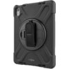 Czarne etui na iPad / iPad Air FIXED Rugged Tab z widocznym uchwytem obrotowym i paskiem na rękę. Na dole etui znajduje się logo "FIXED".