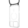 Przezroczyste etui z czarną smyczą, przeznaczone do telefonu Apple iPhone 17 Pro Max, posiada okrągły wzór kompatybilny z MagSafe. Etui ma wycięcia na aparat i przyciski boczne.