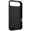 Czarne etui na telefon z wycięciem na aparat i przyciski boczne, wykonane z gładkiego materiału. Produkt ma prosty, minimalistyczny design.