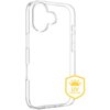 Przezroczyste etui na telefon z wycięciem na aparat, z widocznym żółtym symbolem tarczy z napisem "UV PROTECTION". Na dole etui znajduje się subtelny napis "FIXED".