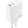Biała ładowarka sieciowa z dwoma portami, jednym USB-A i jednym USB-C, z widocznym napisem "SUPERVOOC" na boku. Powierzchnia ładowarki ma delikatną teksturę, a na górze znajduje się napis "80W Max".