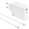 Biała ładowarka sieciowa z dwoma portami USB, oznaczona napisami "SUPERVOOC" i "80W GaN", oraz dwa białe kable USB-C.