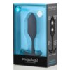 Opakowanie produktu "Snug Plug 2" marki b-Vibe, zawierające czarny silikonowy korek analny, z widocznymi napisami: "Snug & Comfortable Fit", "Weighted Silicone Plug", "Rounded Edge for Easy Insertion", "Precision Shaped for Erotic Sensations", "Thin Stem Flexible Neck", "Weighted Balls Provide a Sensual Feeling of Fullness", "Comfortable Smooth Grip Handle", "Designed for Extended Wear".