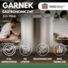 Na zdjęciu znajduje się duży, stalowy garnek z uchwytami, a w tle widać kucharza pracującego w kuchni. Na górze widnieje napis "GARNEK GASTRONOMICZNY KH-1968", a obok logo "KING Hoff", poniżej znajdują się ikony z napisami: "STAL NIERDZEWNA", "98 LITRÓW", "ERGONOMICZNY", "DNO TERMICZNE".