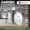 Na zdjęciu znajduje się duży, metalowy garnek z pokrywką, oznaczony jako "GARNEK GASTRONOMICZNY KH-1968", o wymiarach 50 cm na 50 cm. Widoczne są także ikony wskazujące na kompatybilność z różnymi rodzajami kuchenek: ceramiczną, gazową, elektryczną, halogenową i indukcyjną, oraz logo "KING Hoff" i napis "DO WSZYSTKICH RODZAJÓW KUCHENEK".