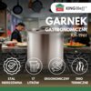 Na zdjęciu znajduje się duży garnek gastronomiczny z napisem "KING Hoff" oraz "GARNEK GASTRONOMICZNY KH-1961" na tle kuchni. Na dole widoczne są ikony z napisami: "STAL NIERDZEWNA", "17 LITRÓW", "ERGONOMICZNY", "DNO TERMICZNE".