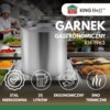 Na zdjęciu znajduje się duży, stalowy garnek z pokrywką, oznaczony jako "Garnek gastronomiczny KH-1963" marki KingHoff, umieszczony na tle kuchni z różnymi składnikami. Na dole widoczne są ikony z napisami: "Stal nierdzewna", "25 litrów", "Ergonomiczny", 