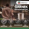 Na zdjęciu widoczny jest garnek gastronomiczny z napisem "KING Hoff" oraz "GARNEK GASTRONOMICZNY KH-1964". Poniżej znajdują się ikony z napisami: "STAL NIERDZEWNA", "33 LITRY", "ERGONOMICZNY", "DNO TERMICZNE".