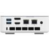 Biały komputer z widocznymi portami: dwa USB, DP, HDMI OUT, dwa porty sieciowe oraz gniazdo zasilania. Na obudowie znajdują się również otwory wentylacyjne i ikony oznaczające funkcje portów.