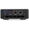 Czarny komputer z widocznymi portami: dwa USB, DP, HDMI OUT, dwa porty sieciowe oraz zasilanie. Na obudowie znajdują się również otwory wentylacyjne i ikony oznaczające funkcje portów.