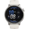 Srebrny smartwatch z białym paskiem wyświetla na ekranie godzinę 10:08 AM, datę "WED 20", poziom naładowania baterii 80%, wysokość 6000 FT oraz ikonę biegania z liczbą 10000. Na tarczy widoczne są także oznaczenia minutowe oraz przycisk z boku obudowy.