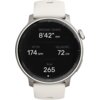 Srebrny smartwatch z białym paskiem wyświetla na ekranie dane: "ŚREDNIE TEMPO 8'42"/KM", "RYTM 174 SPM", "DŁUGOŚĆ 72 CM", "Kcal 265".