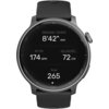 Czarny smartwatch z okrągłym wyświetlaczem pokazuje dane: "ŚREDNIE TEMPO 8'42"/KM", "RYTM 174 SPM", "DŁUGOŚĆ 72 CM", "Kcal 265". Na tarczy widoczne są oznaczenia minutowe oraz przycisk z boku obudowy.