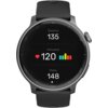 Czarny smartwatch z okrągłym wyświetlaczem pokazuje dane dotyczące tętna: "Średnio 135", "Aktualne 120" z ikoną serca i kolorowym wykresem słupkowym, oraz "Maks. 148".