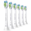 Sześć białych końcówek do szczoteczek z kolorowymi włóknami, z widocznym napisem "PHILIPS soniCare" oraz symbolem "W" i ikoną fal. Końcówki mają zielono-niebieskie włókna i są ustawione w rzędzie.